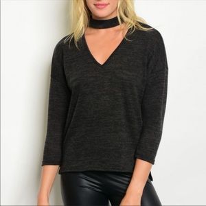 Charcoal v-neck w choker style collar knit top